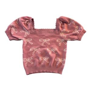 Willow & Wind Women's Pink and Cream Bow Short Puff Sleeve Top XS